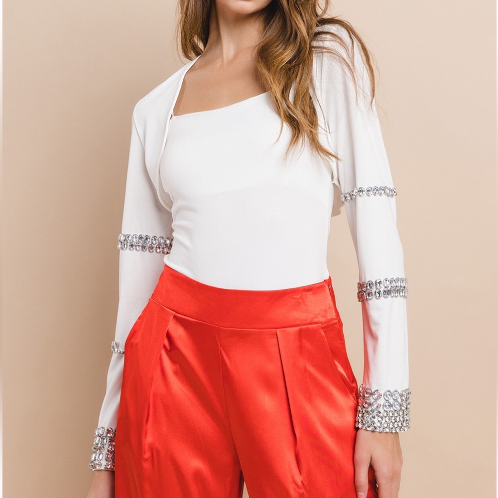 Party Rhinestones Sleeves Detail Crop Bolero Top woman long sleeves crop top